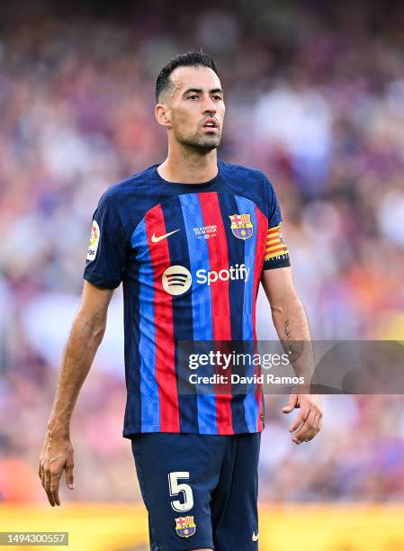 Sergio Busquets of FC Barcelona looks on during the LaLiga Santander match between FC Barcelona and RCD Mallorca at Spotify Camp Nou on May 28, 2023...