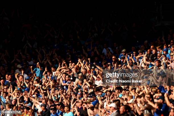 Everton fans react during the Premier League match between Everton FC and AFC Bournemouth at Goodison Park on May 28, 2023 in Liverpool, England.