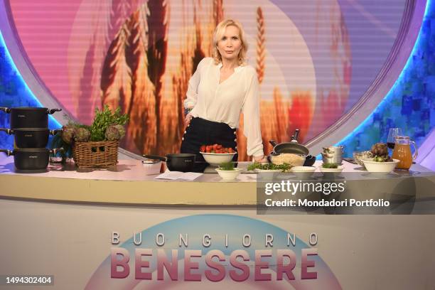 The Italian presenter Vira Carbone during the broadcast Buongiorno Benessere agli studi Rai Saxa Rubra. Rome , May 26th, 2023