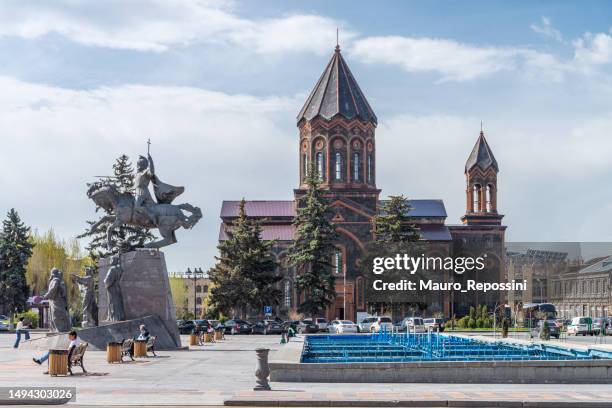 view of the holy saviour's church at vartanants square in gyumri city, armenia. - armenia stockfoto's en -beelden