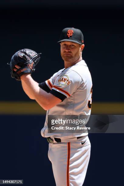 Alex Cobb of the San Francisco Giants at bat during a game against the Milwaukee Brewers at American Family Field on May 28, 2023 in Milwaukee,...