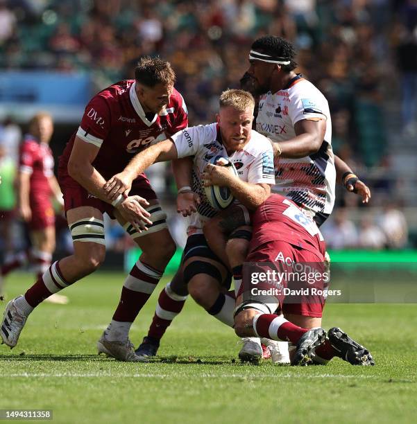 Jackson Wray of Saracens is tackled during the Gallagher Premiership Final between Saracens and Sale Sharks at Twickenham Stadium on May 27, 2023 in...