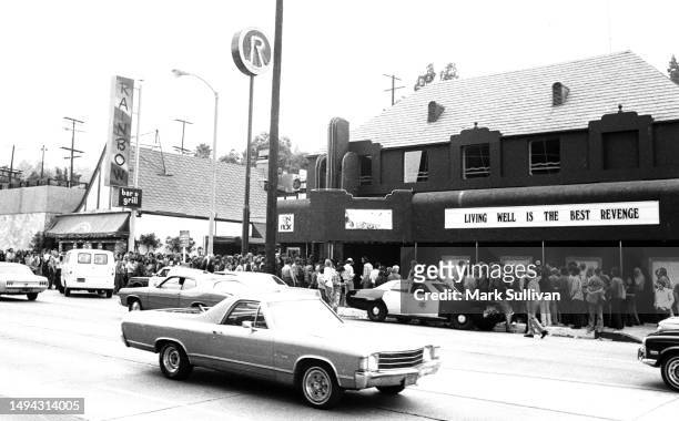 View of Roxy Theatre opening day on the Sunset Strip, West Hollywood, CA on September 20, 1973.