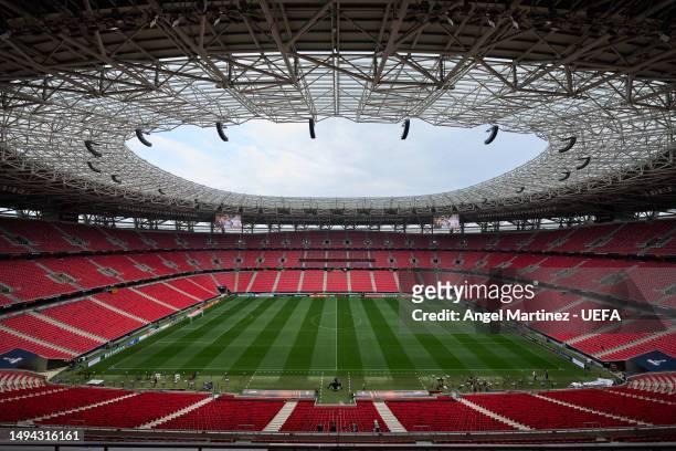 General view inside the stadium prior to the UEFA Europa League 2022/23 final match between Sevilla FC and AS Roma at Puskas Arena on May 29, 2023 in...
