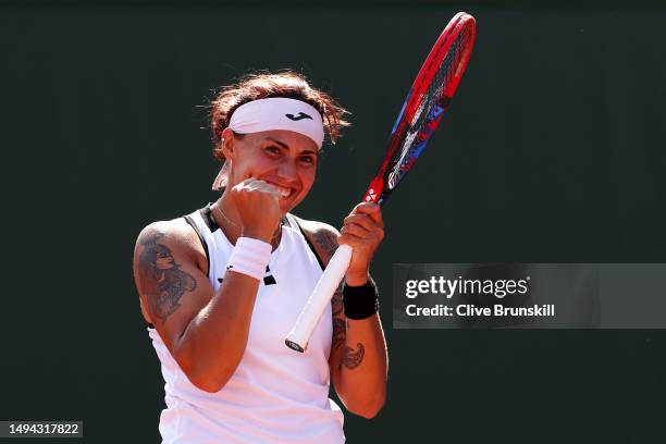 Aliona Bolsolva of Spain celebrates after winning match point against Kristina Kucova of Slovakia during their Women's Singles First Round Match on...