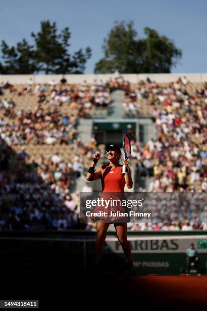 Elina Avanesyan celebrates winning match point against Belinda Bencic of Switzerland during their Women's Singles First Round Match on Day Two of the...