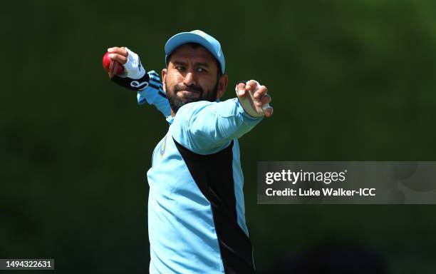 Cheteshwar Pujara of India practices during India training prior to the ICC World Test Championship Final 2023 at Arundel Cricket Club on May 29,...