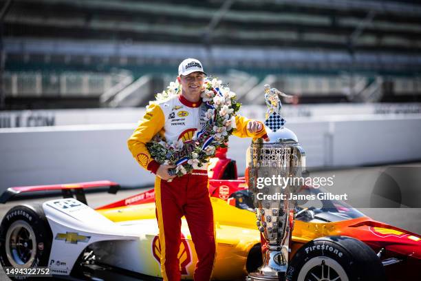 Josef Newgarden, driver of the PPG Team Penske Chevrolet, poses for a photo during the 107th Indianapolis 500 champion's portraits at Indianapolis...