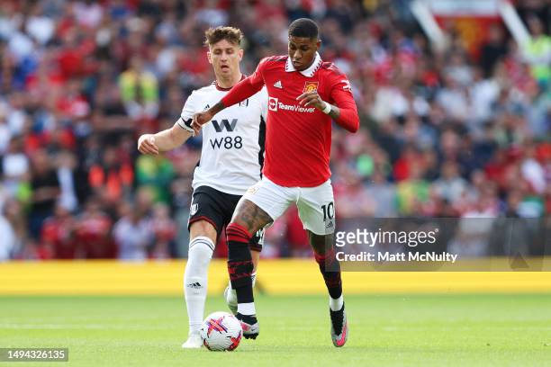 Marcus Rashford of Manchester United runs with the ball during the Premier League match between Manchester United and Fulham FC at Old Trafford on...
