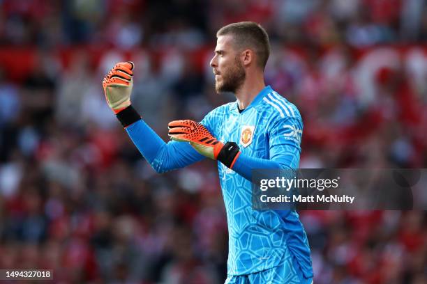 David De Gea of Manchester United reacts during the Premier League match between Manchester United and Fulham FC at Old Trafford on May 28, 2023 in...