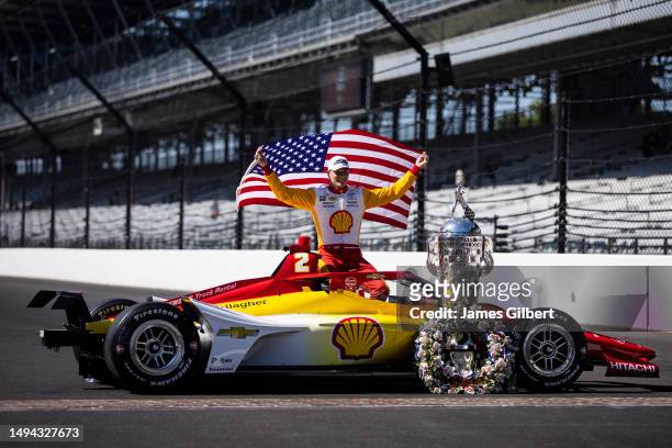 Josef Newgarden, driver of the PPG Team Penske Chevrolet, poses for a photo during the 107th Indianapolis 500 champion's portraits at Indianapolis...