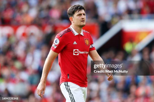 Harry Maguire of Manchester United during the Premier League match between Manchester United and Fulham FC at Old Trafford on May 28, 2023 in...