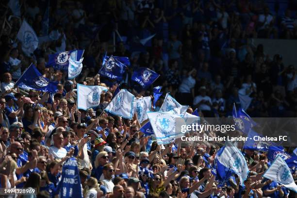 Chelsea fans show their support during the FA Women's Super League match between Reading and Chelsea at Madejski Stadium on May 27, 2023 in Reading,...