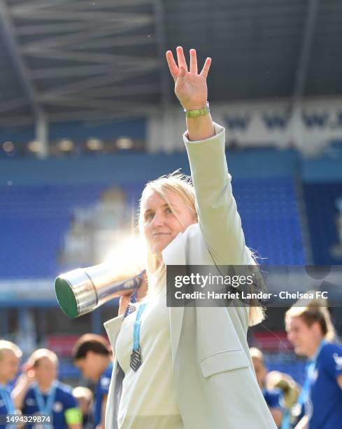 Emma Hayes, Manager of Chelsea celebrates with the Barclays Women's Super League trophy following her victory in the FA Women's Super League match...