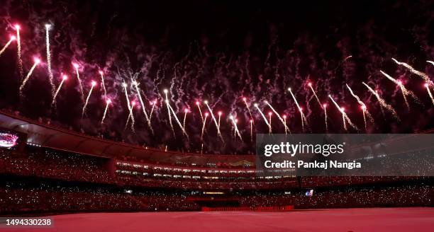 Fireworks display is seen following the innings break entertainment during the 2023 IPL Final match between Chennai Super Kings and Gujarat Titans at...