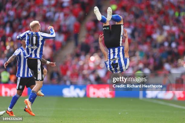 Will Vaulks of Sheffield Wednesday celebrates after scoring a goal, which is later disallowed for Offside during the Sky Bet League One Play-Off...