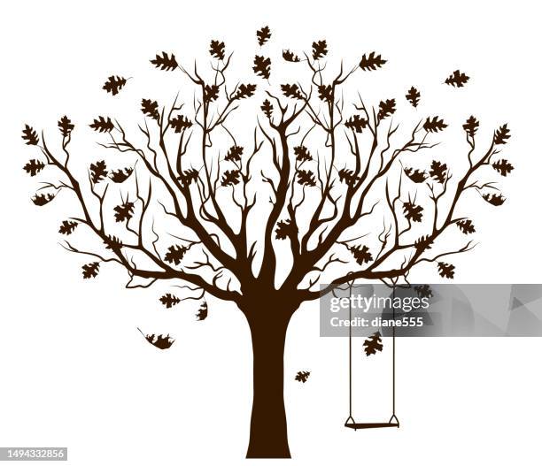 stockillustraties, clipart, cartoons en iconen met isolated fall tree with swing silhouette on a transparent background - touwschommel
