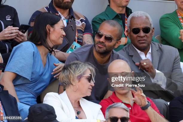 Alizée Lim,Tony Parker and Tony Parker Sr attend the 2023 French Open at Roland Garros on May 29, 2023 in Paris, France.