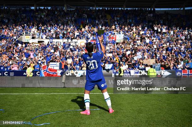 Sam Kerr of Chelsea celebrates with the Barclays Women's Super League trophy following her victory in the FA Women's Super League match between...