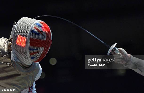 Great Britain's Anna Bentley fences against Canada's Monica Peterson during their women's foil fencing bout as part of the London 2012 Olympic games,...