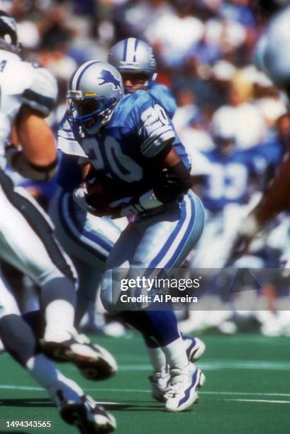 Running Back Barry Sanders of the Detroit Lions has a short gain in the game between the Detroit Lions vs the Philadelphia Eagles at Veterans Stadium...