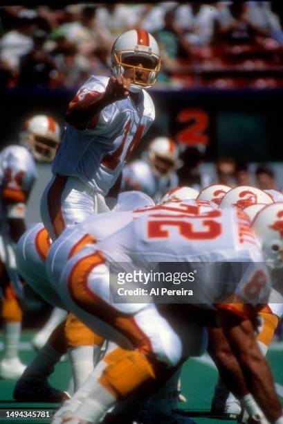 Quarterback Vinny Testaverde of the Tampa Bay Buccaneers calls a play in the game between the Tampa Bay Buccaneers vs the New York Jets on September...
