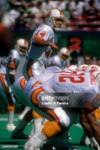 Quarterback Vinny Testaverde of the Tampa Bay Buccaneers calls a play in the game between the Tampa Bay Buccaneers vs the New York Jets on September...