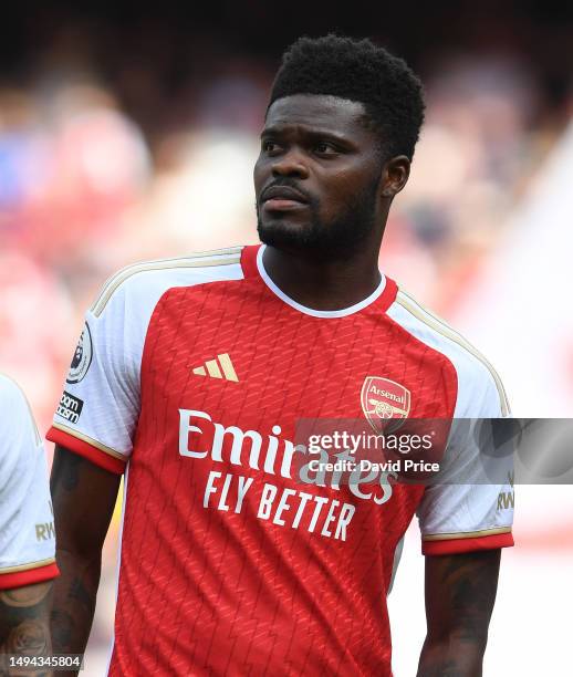 Thomas Partey of Arsenal before the Premier League match between Arsenal FC and Wolverhampton Wanderers at Emirates Stadium on May 28, 2023 in...