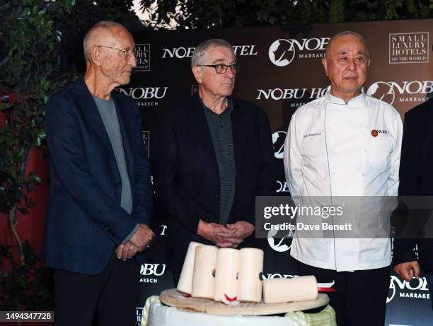 Meir Teper, Robert De Niro and Nobu Matsuhisa attend the Nobu hotel Marrakech Sake Ceremony on May 25, 2023 in Marrakech, Morocco.