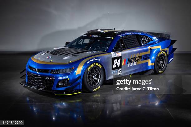 The NASCAR Garage 56 Next Gen Chevrolet Camaro ZL1 is seen during a photo opportunity at Hendrick Motorsports on April 20, 2023 in Charlotte, North...