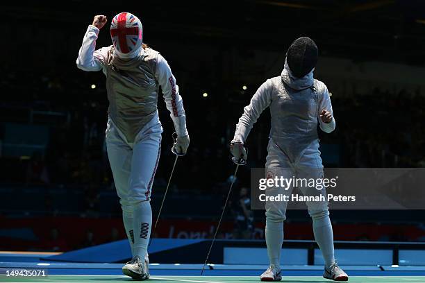 Anna Bentley of Great Britain celebrates winning her Women's Foil Individual Round of 64 match against Monica Peterson of Canada on day one of the...