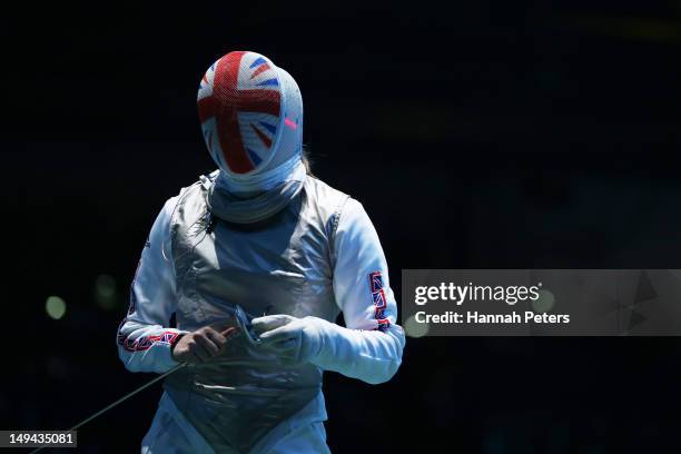 Anna Bentley of Great Britain looks on in her Women's Foil Individual Round of 64 match against Monica Peterson of Canada on day one of the London...