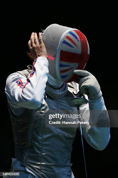 Anna Bentley of Great Britain looks on in her Women's Foil Individual Round of 64 match against Monica Peterson of Canada on day one of the London...