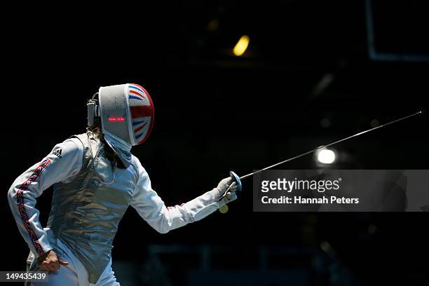 Anna Bentley of Great Britain prepares in her Women's Foil Individual Round of 64 match against Monica Peterson of Canada on day one of the London...