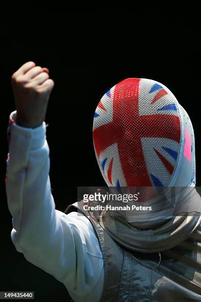 Anna Bentley of Great Britain celebrates winning her Women's Foil Individual Round of 64 match against Monica Peterson of Canada on day one of the...