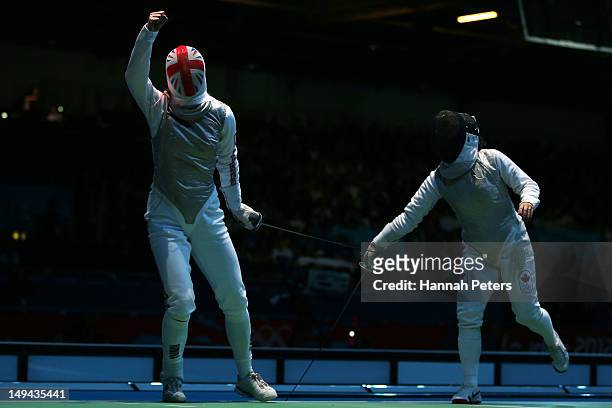 Anna Bentley of Great Britain celebrates winning her Women's Foil Individual Round of 64 match against Monica Peterson of Canada on day one of the...