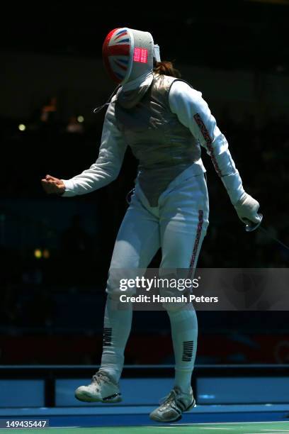 Anna Bentley of Great Britain celebrates winning her Women's Foil Individual Round of 64 match against Monica Peterson of Canada on day one of the...