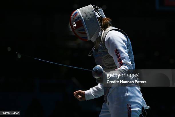 Anna Bentley of Great Britain celebrates winning her Women's Foil Individual Round of 64 match against Monica Peterson of Canada on day one of the...