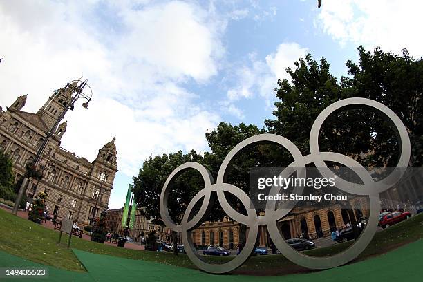 The Olympic Rings display at a park in the Centre of Glasgow city in a procession ceremony conjunction with the 2012 London Olympic Games opening...