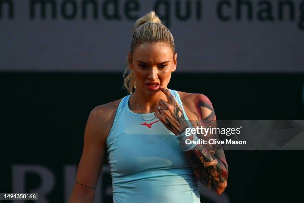 Tereza Martincova of Czech Republic reacts against Jelena Ostapenko of Latvia during their Women's Singles First Round Match on Day Two of the 2023...