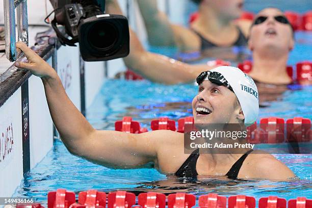 Libby Trickett of Australia reacts after she swam the final leg of the Women's 4x100m Freestyle Relay on Day One of the London 2012 Olympic Games at...