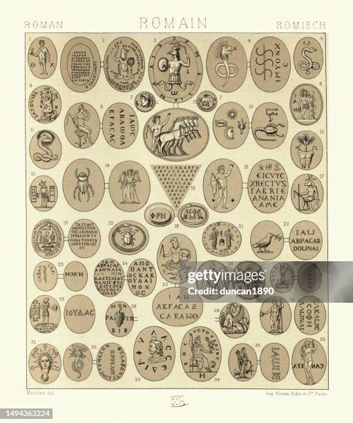 ancient roman artifacts, amulets and talismans, abraxas, probra, servatoria, amolimenta and prafiscini, vinatge illustration - good luck charm stock illustrations