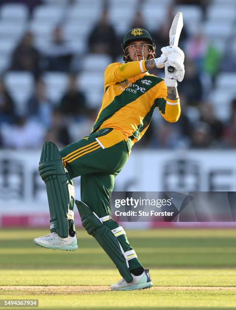 Notts Outlaws batsman Alex Hales hits out during the Vitality Blast T20 between Durham Cricket and Notts Outlaws at Seat Unique Riverside on May 29,...