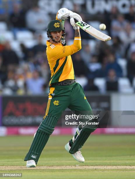 Notts Outlaws batsman Alex Hales hits out during the Vitality Blast T20 between Durham Cricket and Notts Outlaws at Seat Unique Riverside on May 29,...