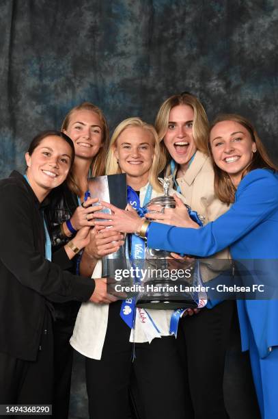 Jessie Fleming, Magdalena Eriksson, Pernille Harder, Emily Orman, and Niamh Charles of Chelsea pose for a photograph during a winners photoshoot at...