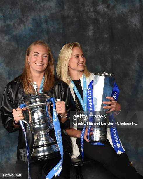 Magdalena Eriksson and Pernille Harder pose for a photograph during a winners photoshoot at the Chelsea FC Women End of Season Awards at Aqua Nueva...