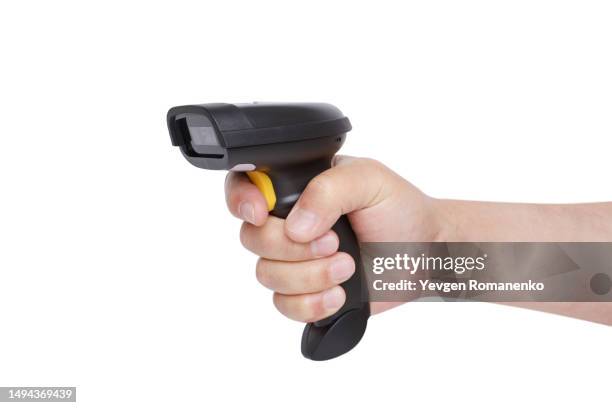 barcode scanner in hand isolated on white background - código-de-barras imagens e fotografias de stock