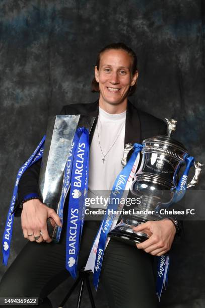 Ann-Katrin Berger of Chelsea poses for a photograph during a winners photoshoot at the Chelsea FC Women End of Season Awards at Aqua Nueva on May 27,...