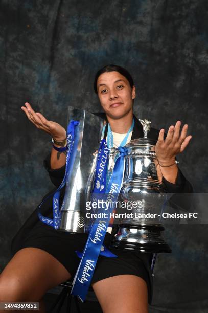 Sam Kerr of Chelsea poses for a photograph during a winners photoshoot at the Chelsea FC Women End of Season Awards at Aqua Nueva on May 27, 2023 in...