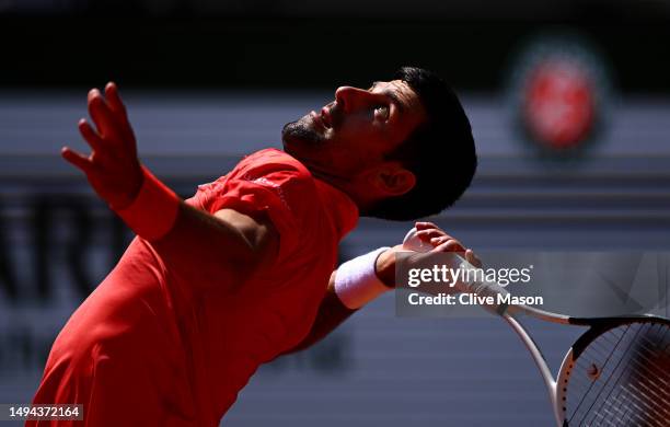 Novak Djokovic of Serbia serves against Aleksandar Kovacevic of United States during their Men's Singles First Round Match on Day Two of the 2023...